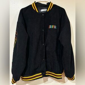 Black Kids Corduroy Bomber Jacket with Multicolor Embroidery